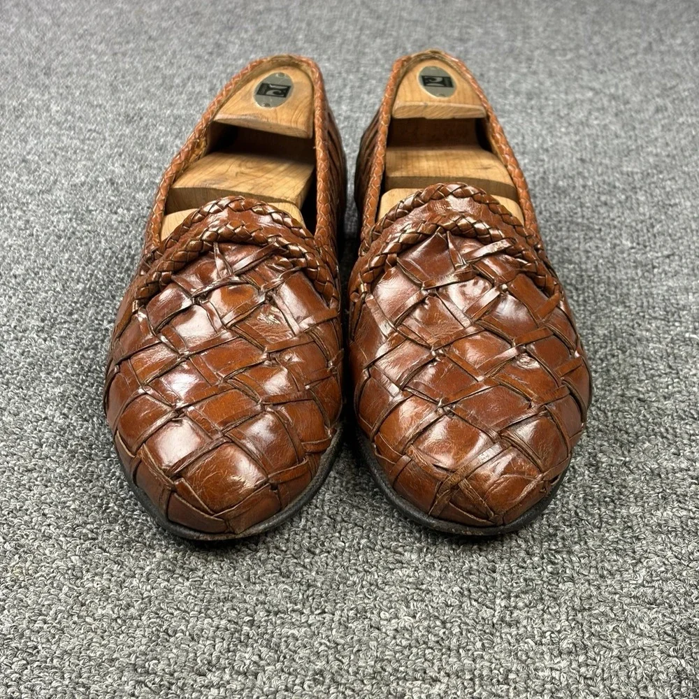 Moreschi Italy Woven Leather Loafers Mens 9.5 Brown Hand Braided Slip On Dress
